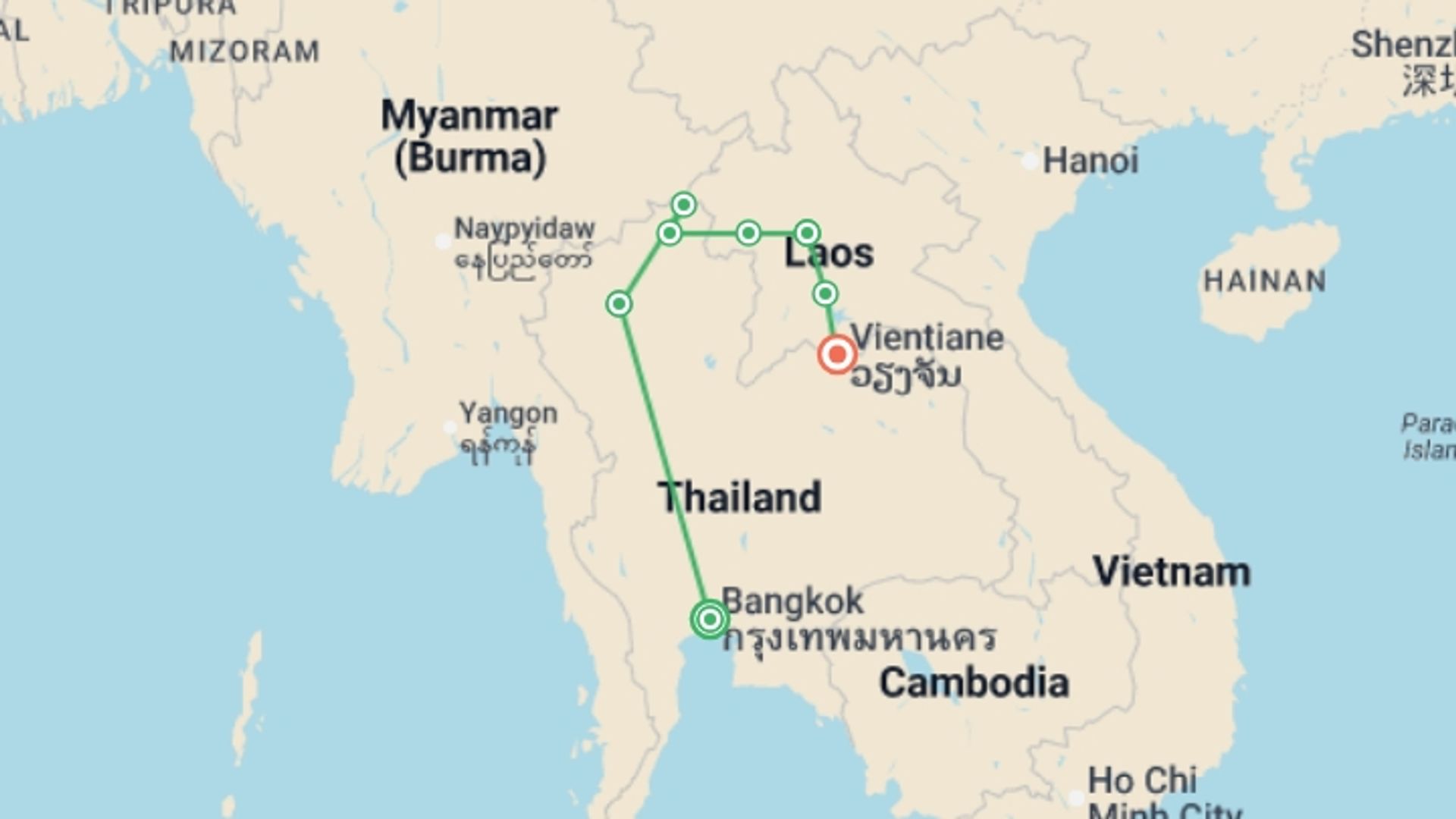 A map showing the tour itinerary for the trip: Thailand and Laos: Ancestral Mekong Route, starting in Bangkok, Thailand and ending in Vientiane, Laos going through 5 other destinations.
