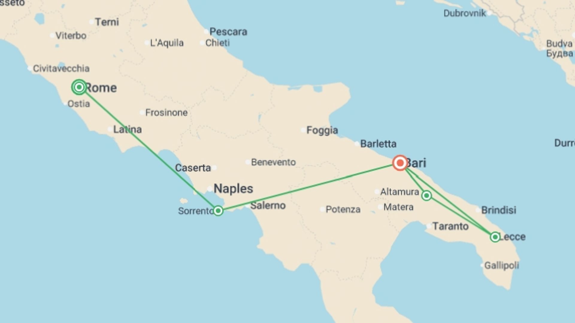 A map showing the tour itinerary for the trip: Rome to Sorrento, Capri & Puglia - 12 days , starting in Rome, Italy and ending in Bari, Italy going through 3 other destinations.