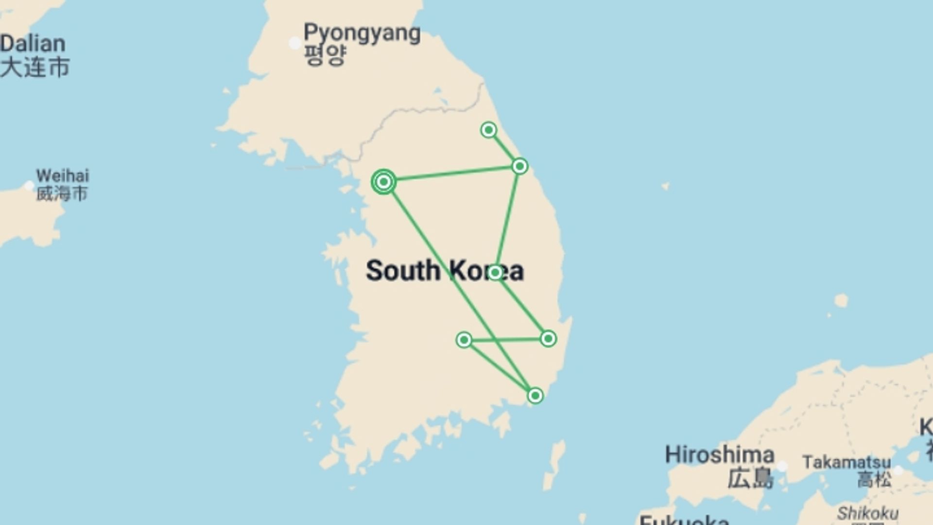 A map showing the tour itinerary for the trip: Discover South Korea, starting in Seoul, South Korea and ending in Seoul, South Korea going through 5 other destinations.