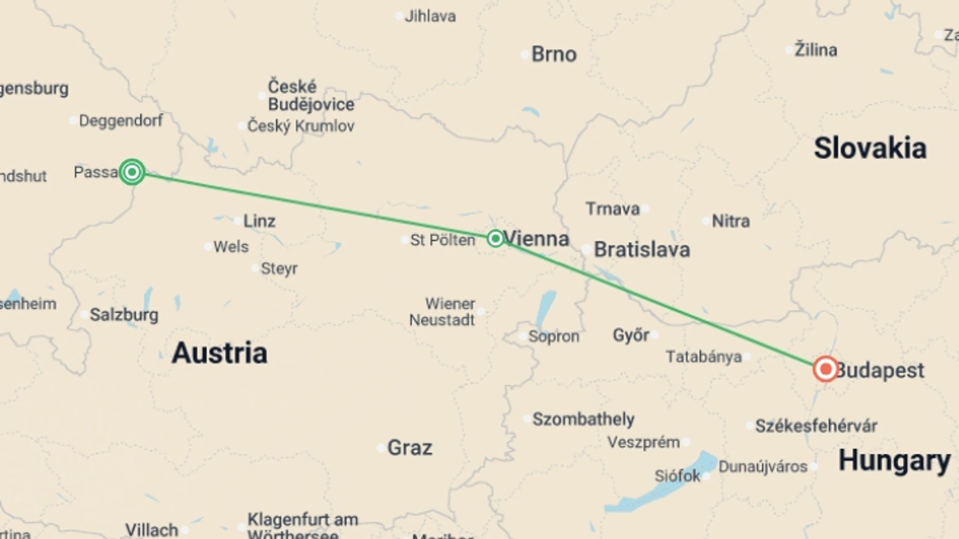 A map showing the tour itinerary for the trip: The beautiful blue Danube (port-to-port cruise), starting in Passau, Germany and ending in Budapest, Hungary going through 1 other destinations.