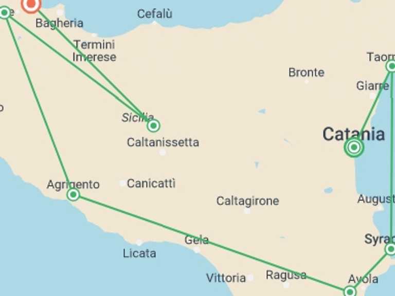 Map of Syracuse Cultural, religious and historic sites Tour with 8 destination visits for the trip: Scenic Sicily Self Drive