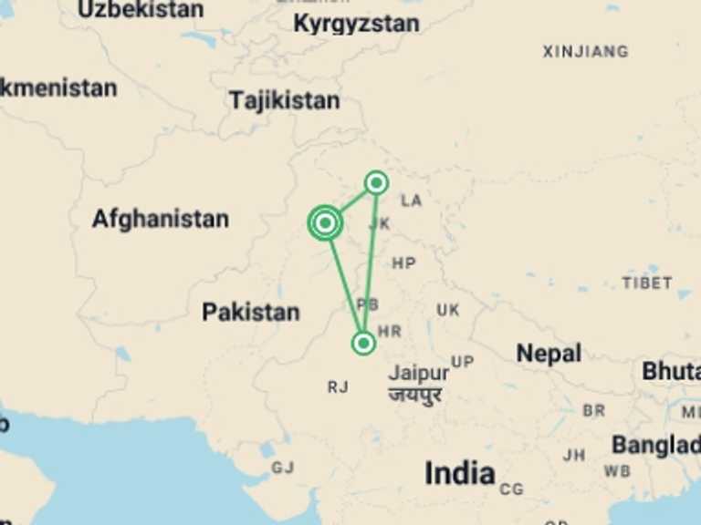 Map itinerary of South Asia Tour in Spring with 3 destination visits for the trip: Trek Pakistan's Nangma Valley and Karakoram Mountains