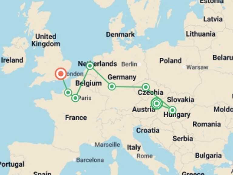 Map itinerary of Europe Tour in Spring with 8 destination visits for the trip: From East to West with London GO