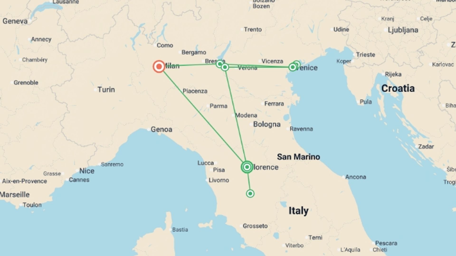 A map showing the tour itinerary for the trip: Classic Italy, Private Tour, starting in Florence, Italy and ending in Milan, Italy going through 1 other destinations.