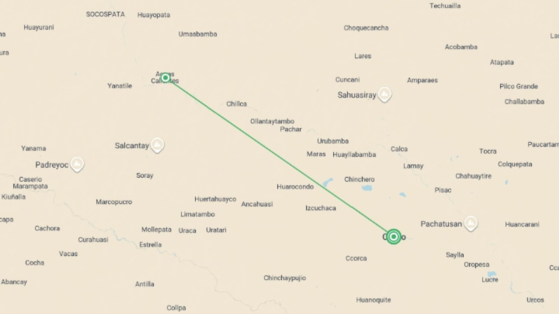 A map showing the tour itinerary for the trip: Salkantay, Humantay Lake & Machu Picchu Adventure 3D/2N, starting in Cusco, Peru and ending in Cusco, Peru going through 2 other destinations.