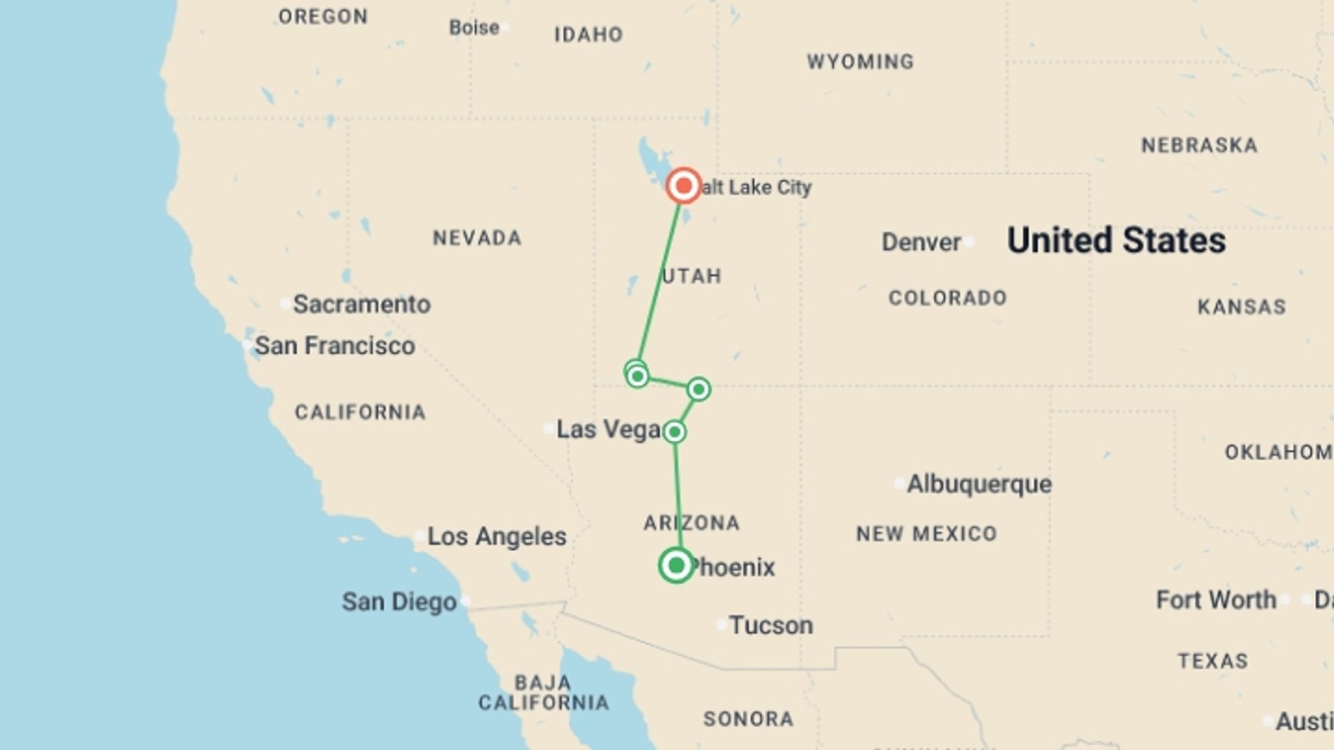 A map showing the tour itinerary for the trip: Enchanting Canyonlands, starting in Phoenix, USA and ending in Salt Lake City, USA going through 6 other destinations.