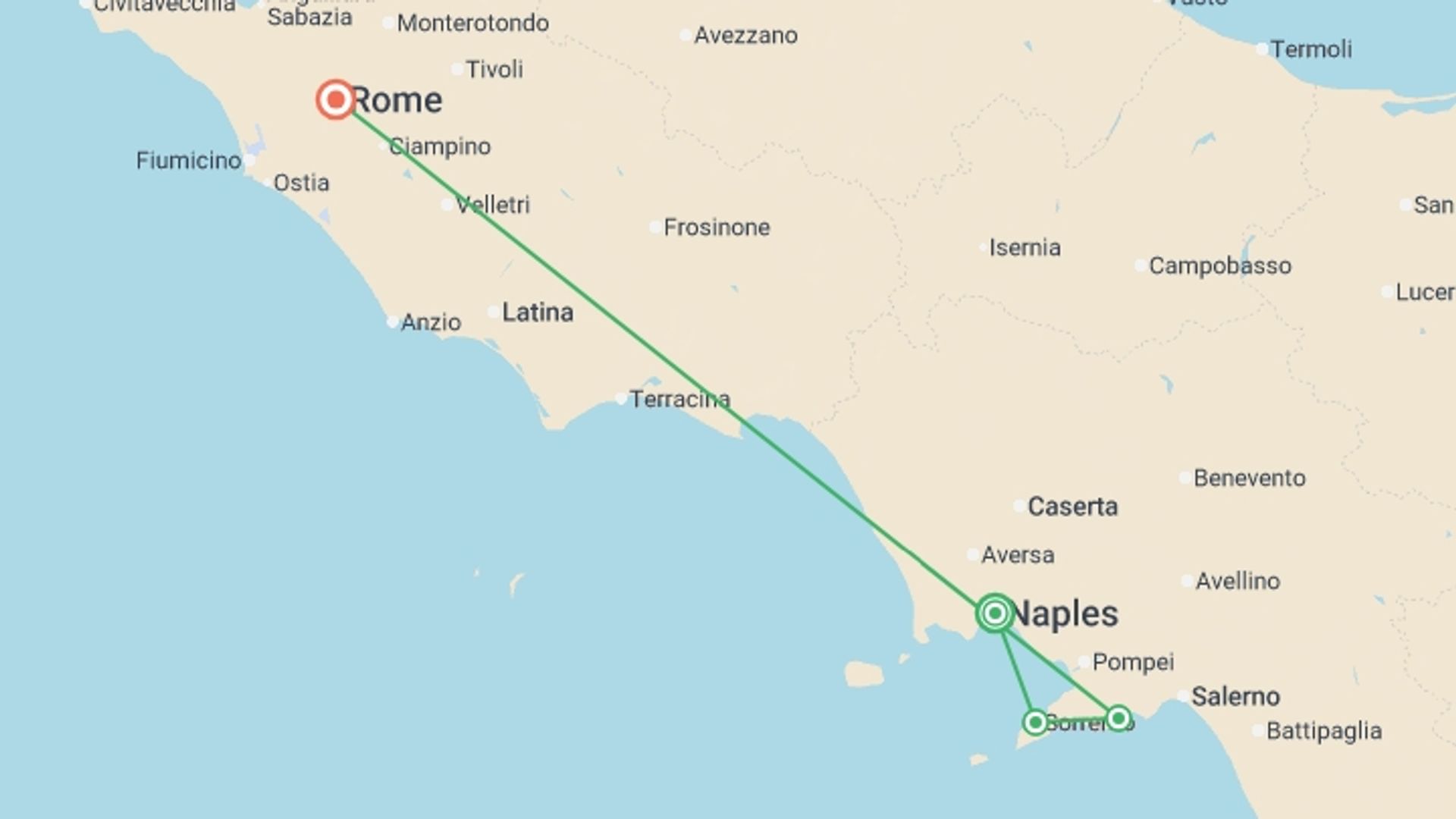 A map showing the tour itinerary for the trip: Journeys:  Southern Italy, Naples to Rome, starting in Naples, Italy and ending in Rome, Italy going through 2 other destinations.