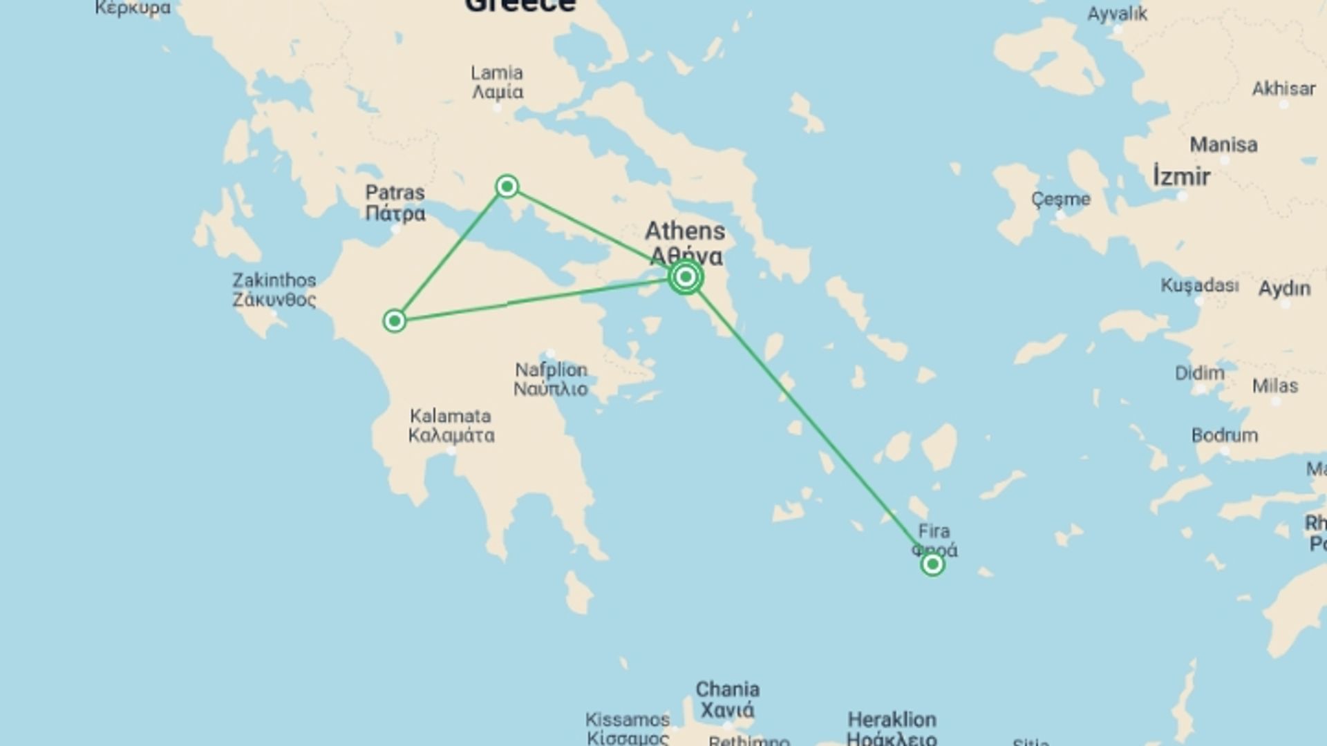 A map showing the tour itinerary for the trip: Greece Discovery Tour, starting in Athens, Greece and ending in Athens, Greece going through 3 other destinations.