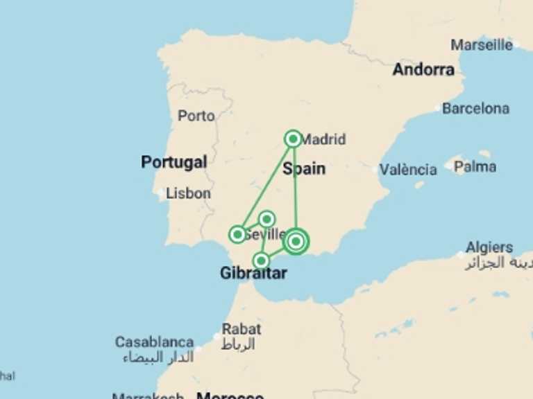 Map of Mediterranean Explorer Tour with 5 destination visits for the trip: 7-day Andalucia & Madrid From Costa Del Sol (c-372)