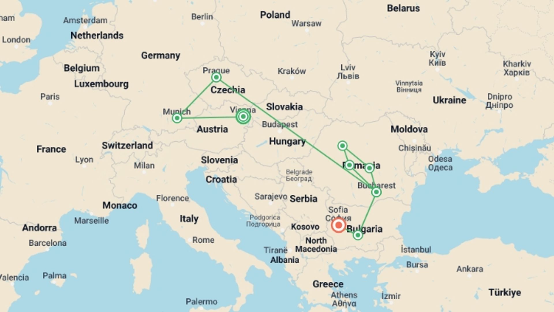 A map showing the tour itinerary for the trip: Best of Central & Eastern Europe (4 Star Hotels), starting in Vienna, Austria and ending in Sofia, Bulgaria going through 7 other destinations.