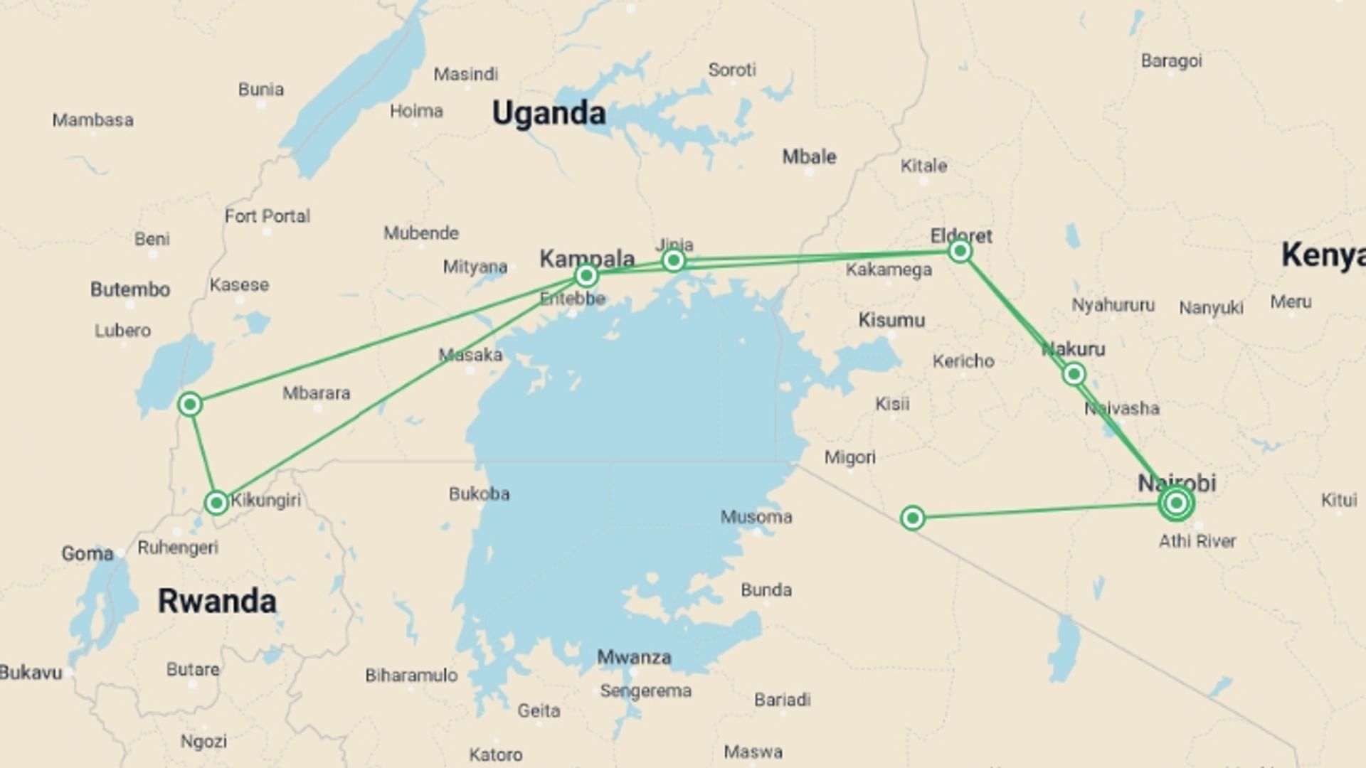 A map showing the tour itinerary for the trip: 18-day Gorillas to the Mara Camping, starting in Nairobi, Kenya and ending in Nairobi, Kenya going through 7 other destinations.