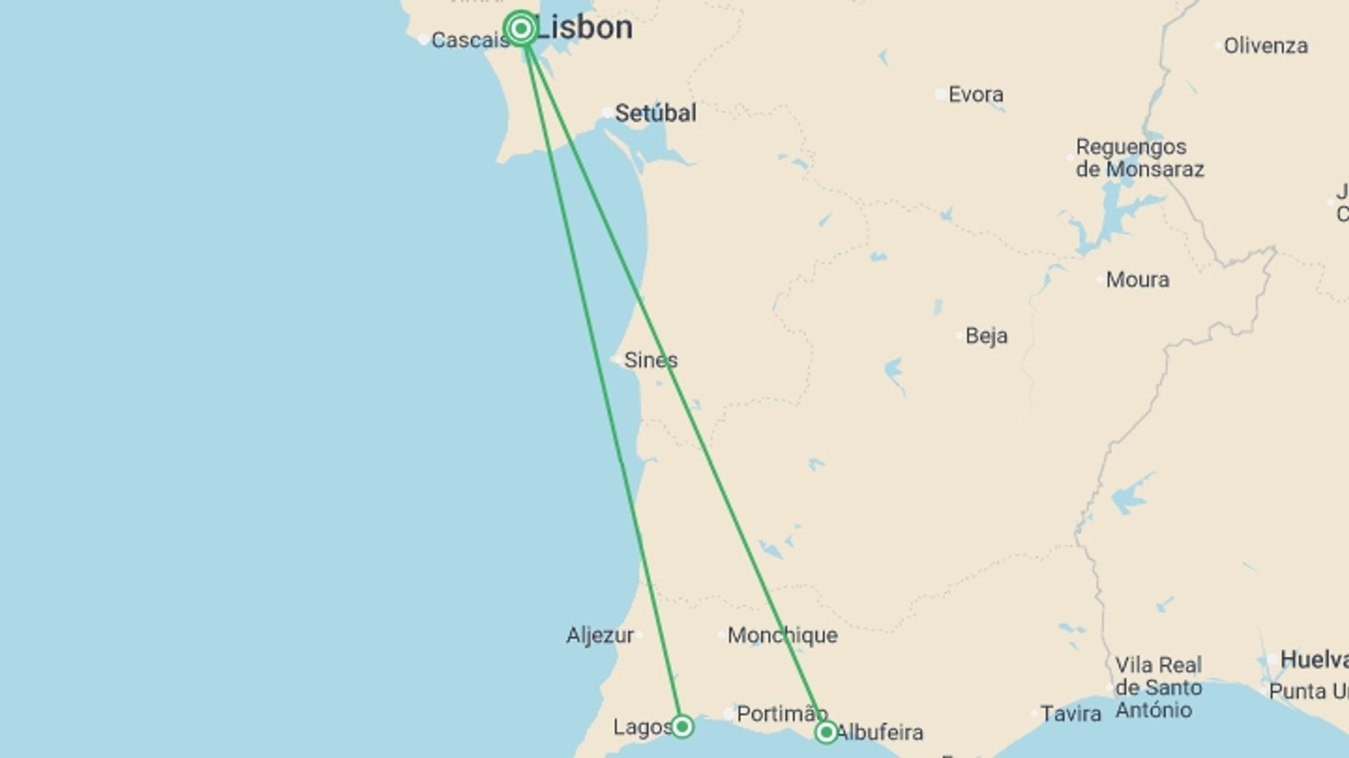 A map showing the tour itinerary for the trip: Southern Portugal, starting in Lisbon, Portugal and ending in Lisbon, Portugal going through 1 other destinations.