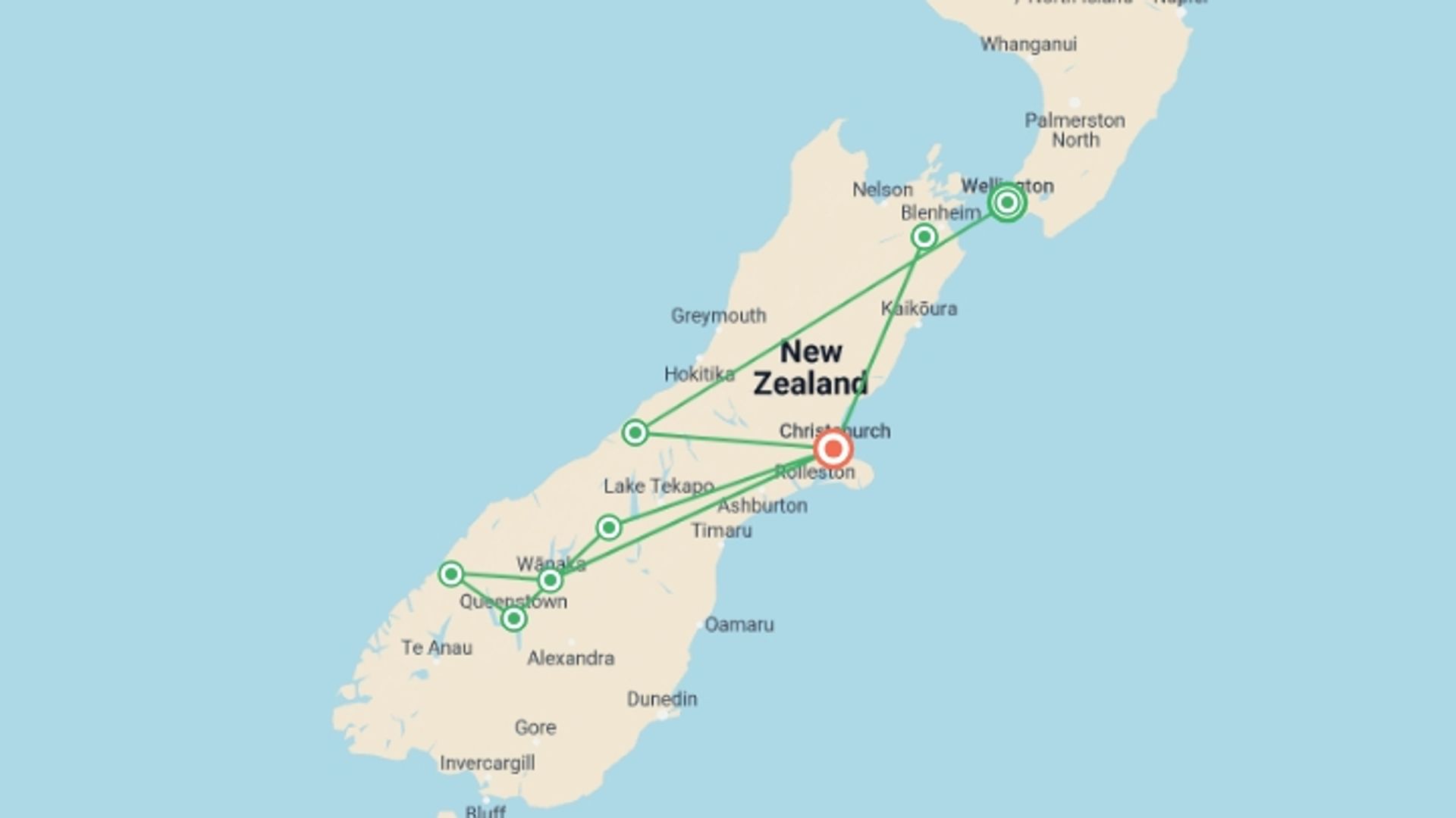 A map showing the tour itinerary for the trip: Inspiring New Zealand, starting in Wellington, New Zealand and ending in Christchurch, New Zealand going through 7 other destinations.