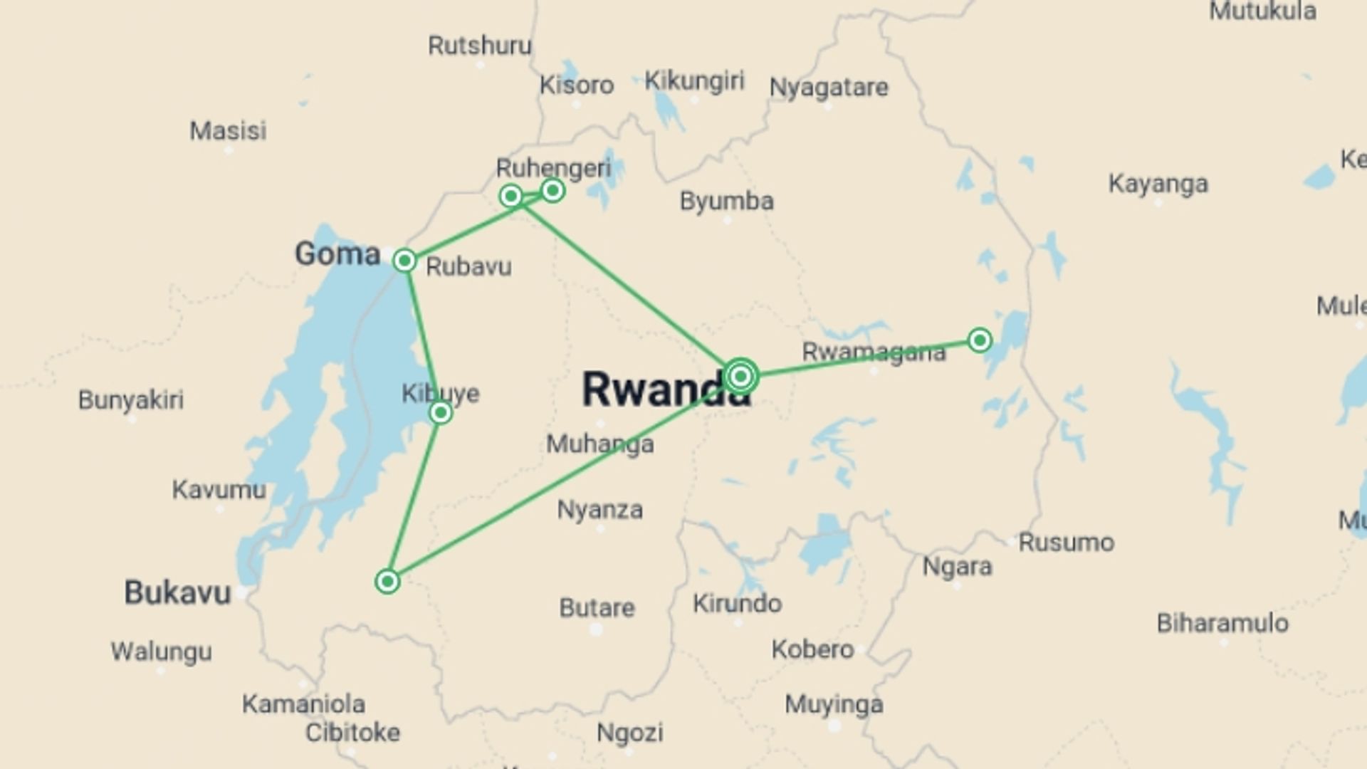 A map showing the tour itinerary for the trip: Rwanda Adventure: 14 Days, starting in Kigali, Rwanda and ending in Kigali, Rwanda going through 7 other destinations.