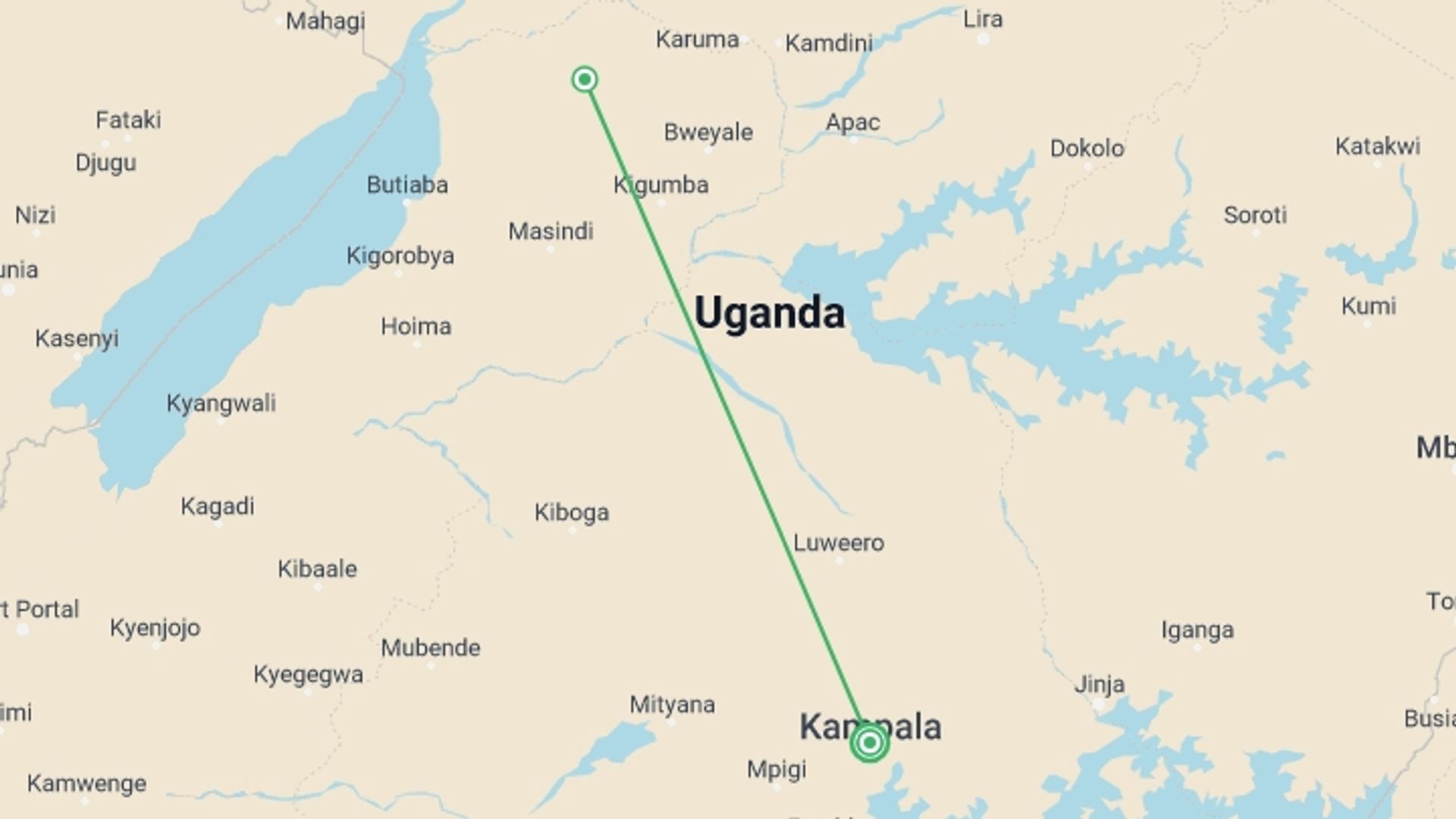 A map showing the tour itinerary for the trip: Murchison Falls Safari, starting in Kampala, Uganda and ending in Kampala, Uganda going through 1 other destinations.