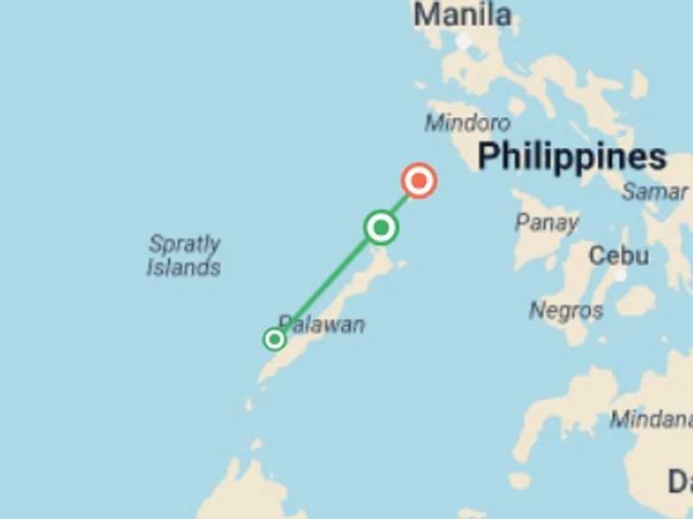 Map itinerary of Coron Tour in Spring with 3 destination visits for the trip: Philippines Island Hopping: El Nido, Coron & Beach Bonfires