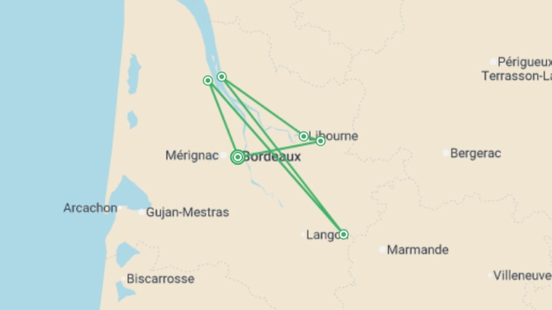 A map showing the tour itinerary for the trip: Family Cruise in Bordeaux-The Land and its History (port-to-port cruise), starting in Bordeaux, France and ending in Bordeaux, France going through 1 other destinations.