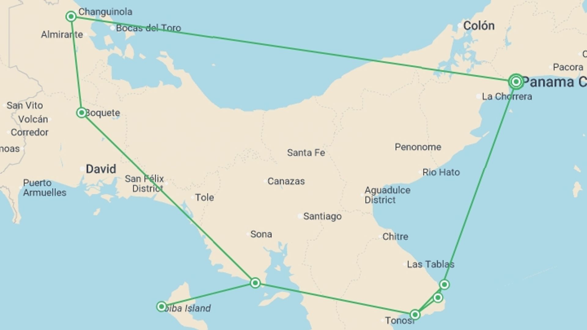A map showing the tour itinerary for the trip: Discover the Unseen Panama 13D/12N, starting in Panama City, Panama and ending in Panama City, Panama going through 4 other destinations.