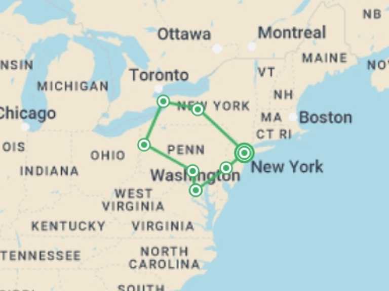 Map of New York Cultural, religious and historic sites Tour with 5 destination visits for the trip: Great Eastern Cities
