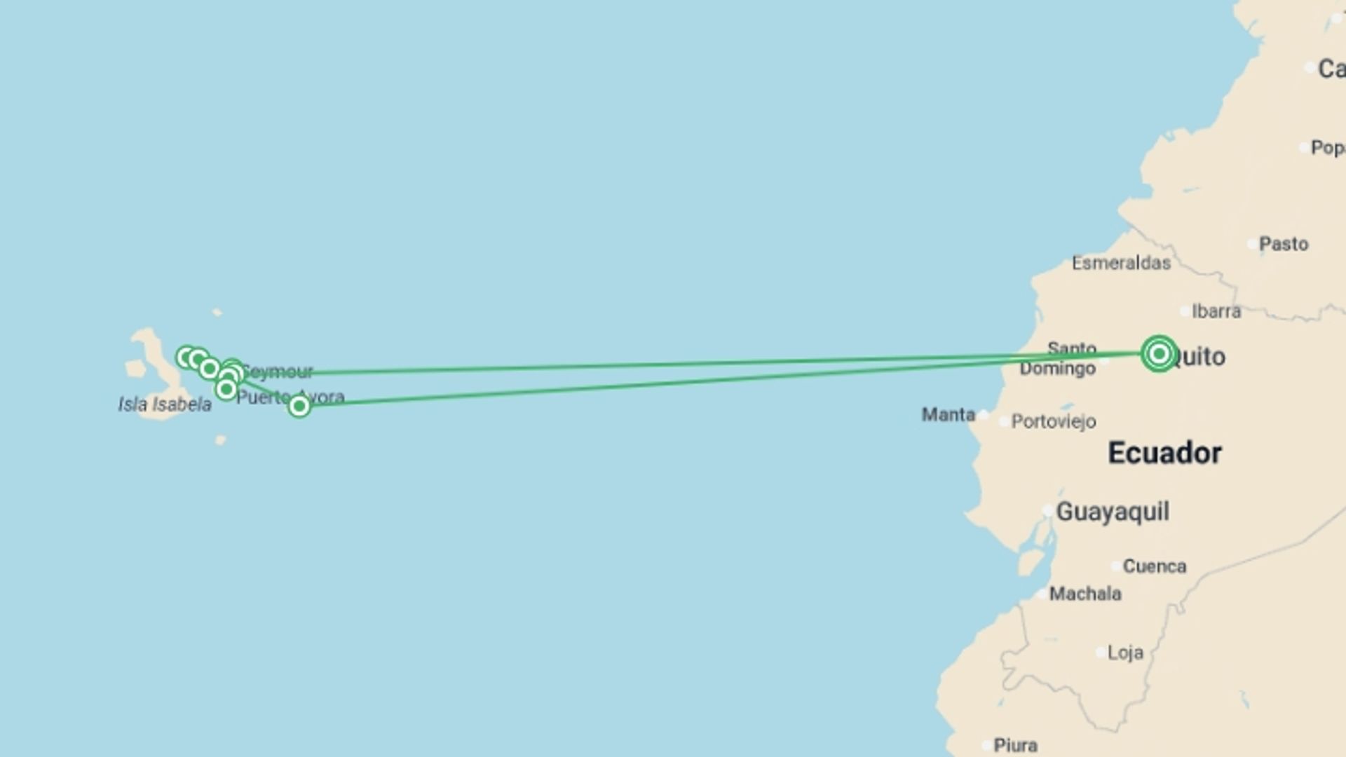 A map showing the tour itinerary for the trip: Classic Galapagos: Central Eastern Islands (Grand Queen Beatriz), starting in Quito, Ecuador and ending in Quito, Ecuador going through 7 other destinations.