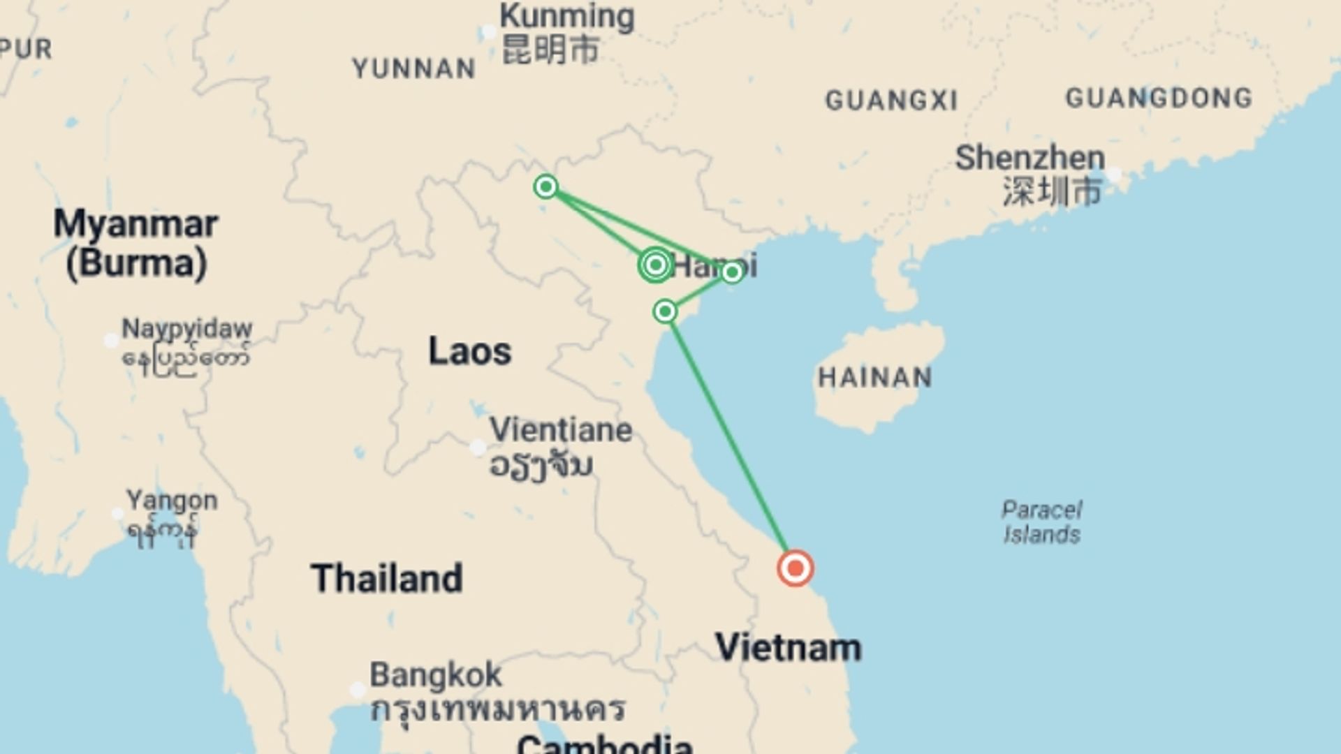 A map showing the tour itinerary for the trip: Vietnam Experience 12 day, starting in Hanoi, Vietnam and ending in Hoi An, Vietnam going through 6 other destinations.