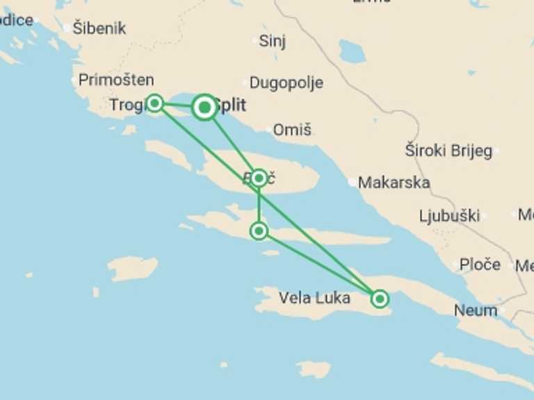 Map itinerary of Croatia Tour in Fall with 5 destination visits for the trip: Croatia Island Hopping, 15 Days