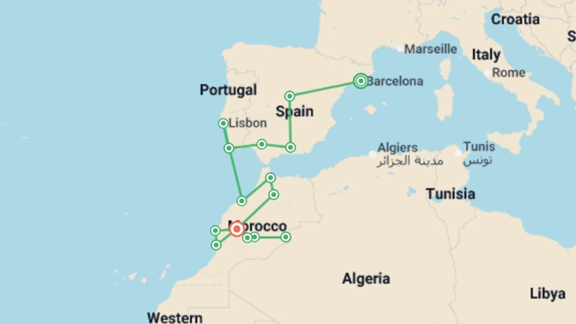 A map showing the tour itinerary for the trip: Explore Spain, Portugal and Morocco: Coastal Waves & Desert Dunes, starting in Barcelona, Spain and ending in Marrakech, Morocco going through 13 other destinations.