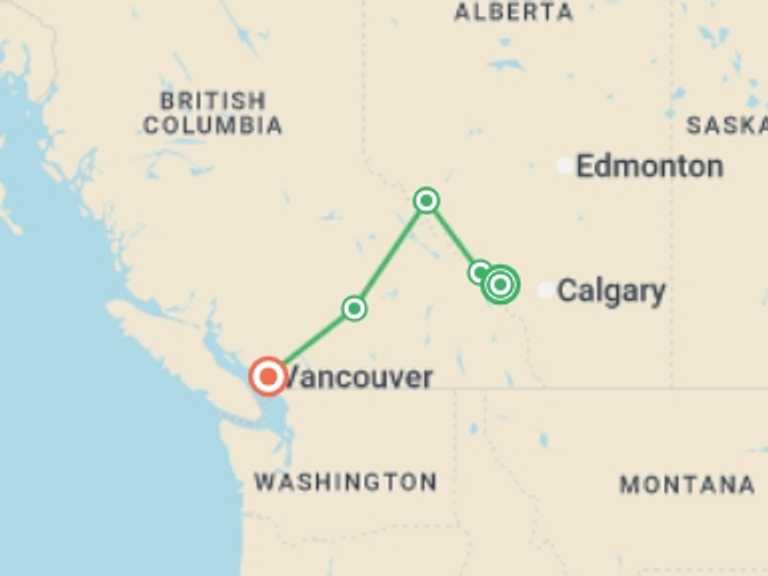 Map itinerary of Canada Tour in Spring with 6 destination visits for the trip: Majesty of the Rockies
