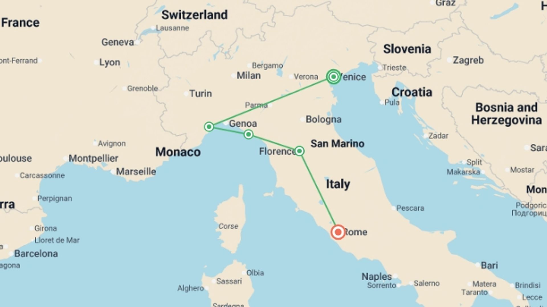 A map showing the tour itinerary for the trip: Highlights of Italy, starting in Venice, Italy and ending in Rome, Italy going through 3 other destinations.