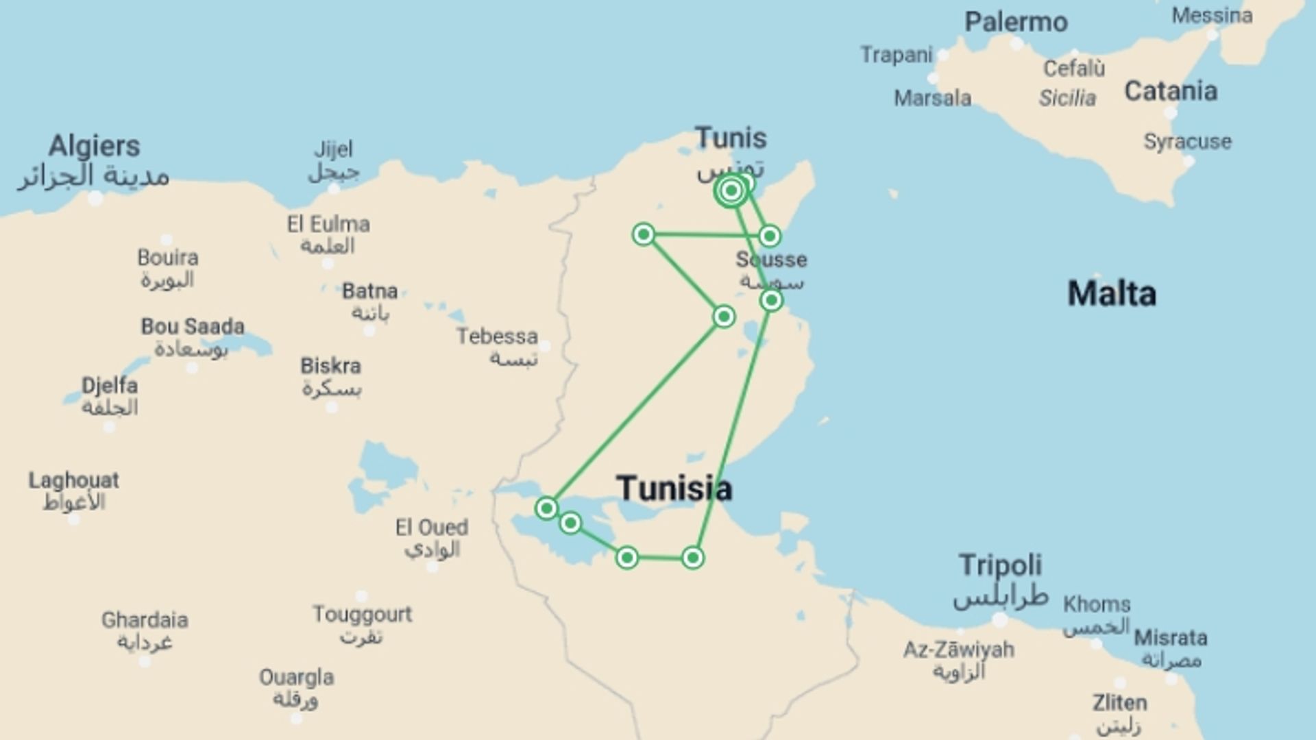 A map showing the tour itinerary for the trip: Wonders of Tunisia, starting in Tunis, Tunisia and ending in Tunis, Tunisia going through 6 other destinations.