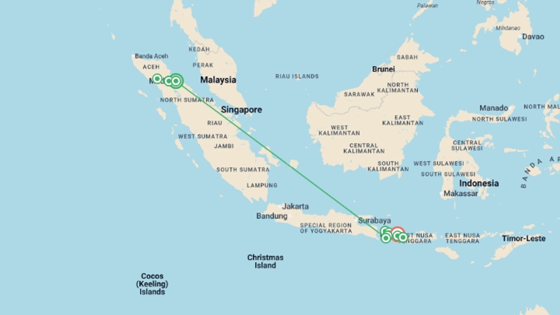 A map showing the tour itinerary for the trip: Wild Sumatra to Gili Bliss: The Ultimate Adventure, starting in Medan, Indonesia and ending in Gili Trawangan, Indonesia going through 8 other destinations.
