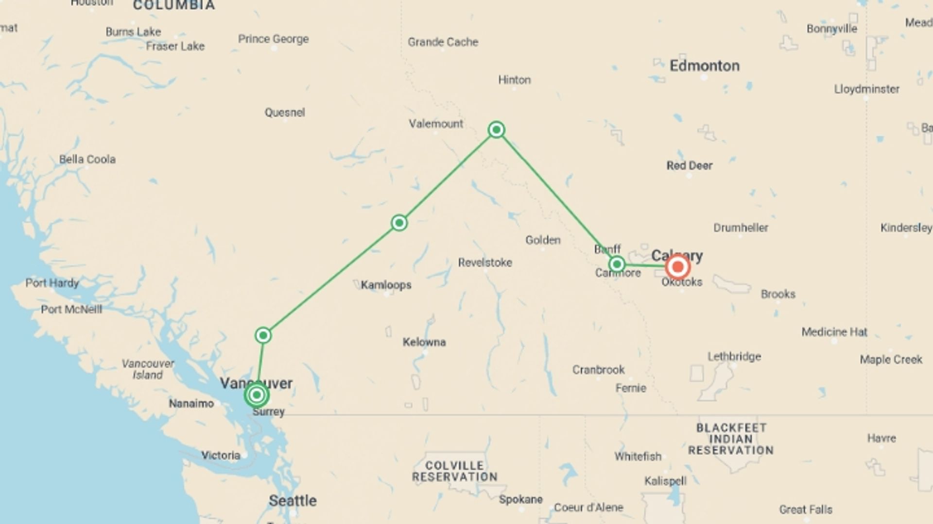 A map showing the tour itinerary for the trip: Western Canada Discovery, starting in Vancouver, Canada and ending in Calgary, Canada going through 5 other destinations.