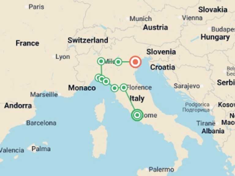 Map of Milan City sightseeing Tour with 6 destination visits for the trip: Discover Italy
