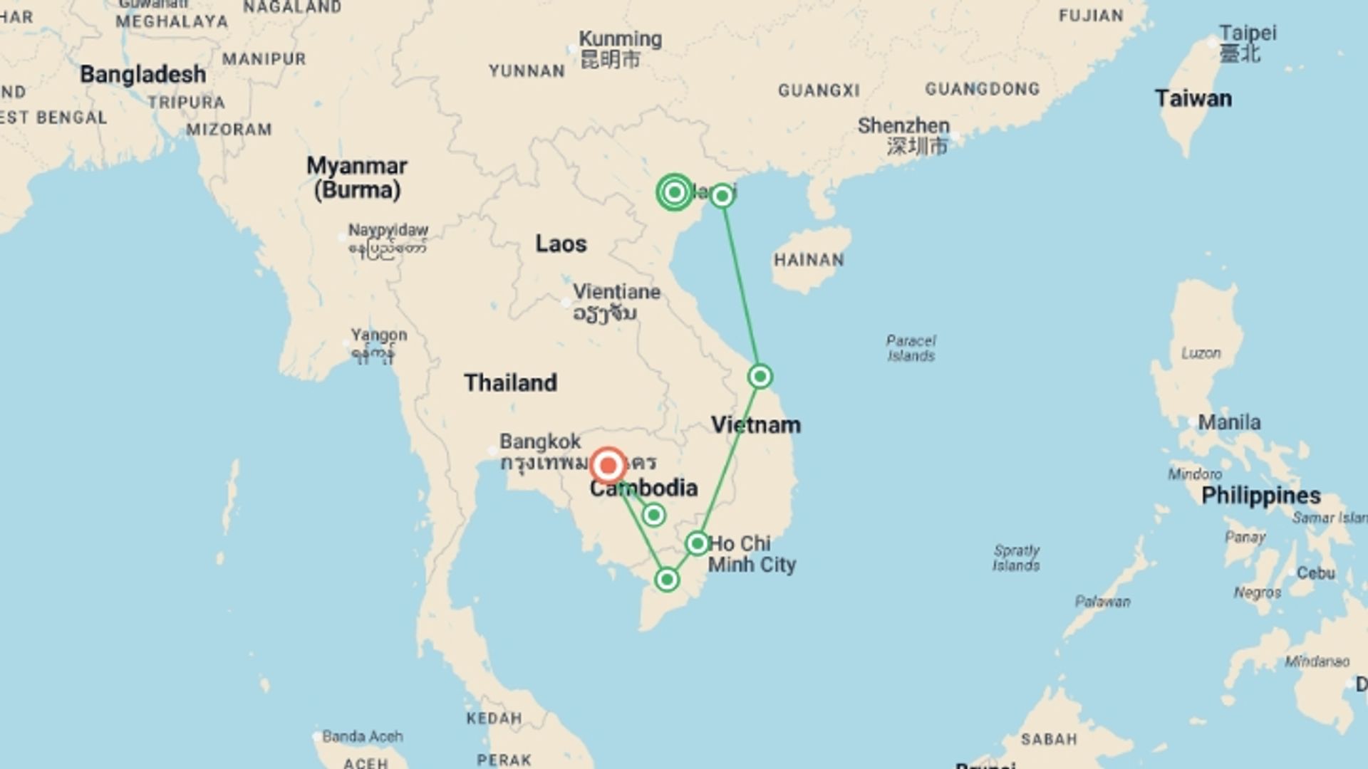 A map showing the tour itinerary for the trip: Vietnam & Angkor - Premium Adventure, starting in Hanoi, Vietnam and ending in Siem Reap, Cambodia going through 5 other destinations.