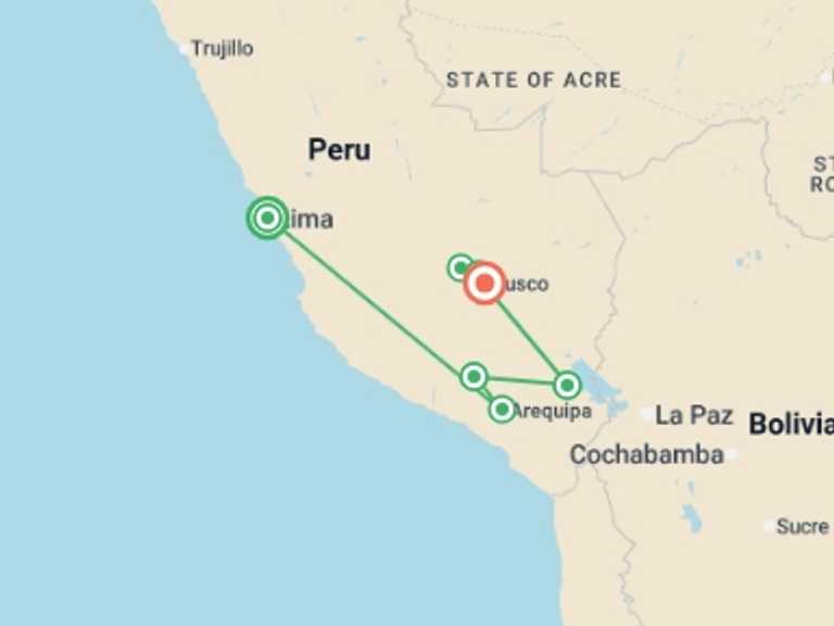 Map of South America Tour with 7 destination visits for the trip: Treasures Of The South – 13 Days: Lima, Arequipa, Colca Valley, Puno, Cusco, Sacred Valley, Machu Picchu, French-speaking Guide