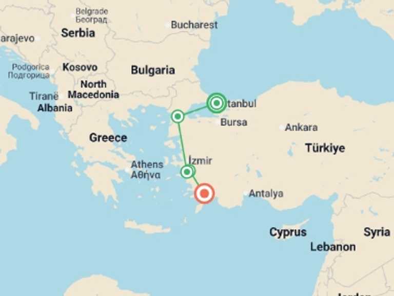 Map of Mediterranean Tour with 5 destination visits for the trip: Istanbul to the Med - 7 days