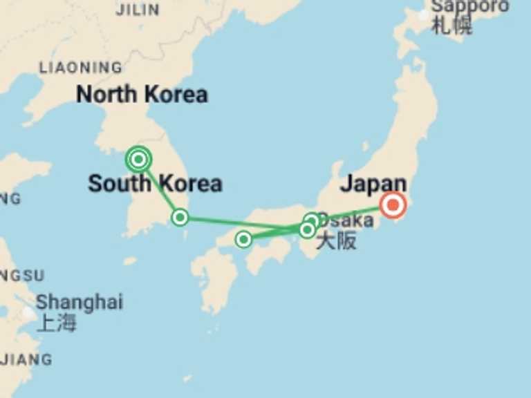 Map of Asia Tour with 5 destination visits for the trip: Japan & South Korea Cherry Blossom Tour