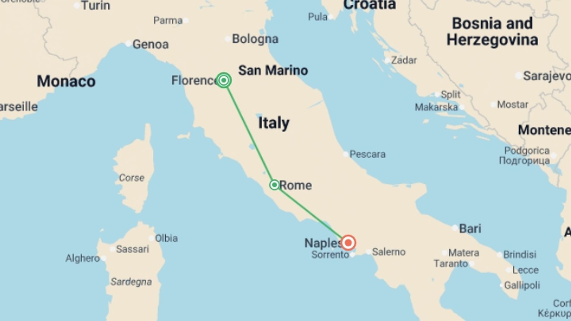 A map showing the tour itinerary for the trip: In The Footsteps Of Caravaggio: 6 Days From Florence To Naples, Private Tour, starting in Florence, Italy and ending in Naples, Italy going through 1 other destinations.