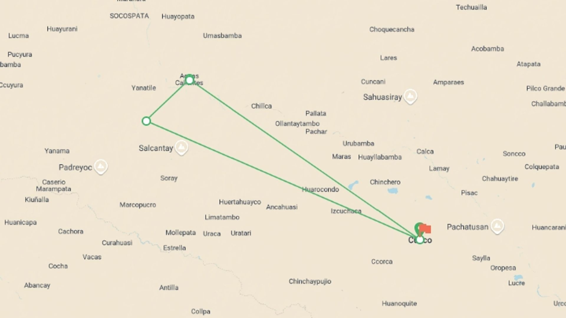 A map showing the tour itinerary for the trip: Machu Picchu Honeymoon Adventure – 4D / 3N, starting in Cusco, Peru and ending in Cusco, Peru going through 3 other destinations.