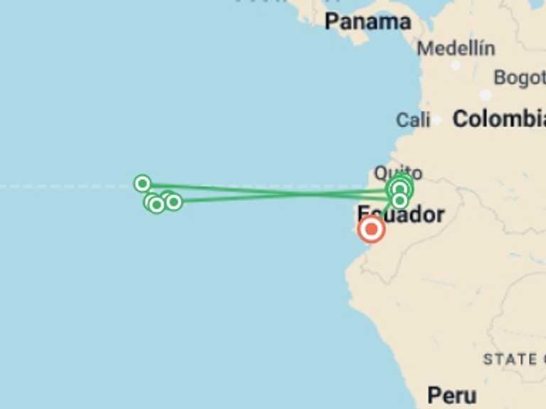Map of Quito Cultural, religious and historic sites Tour with 12 destination visits for the trip: Volcanoes and Galapagos