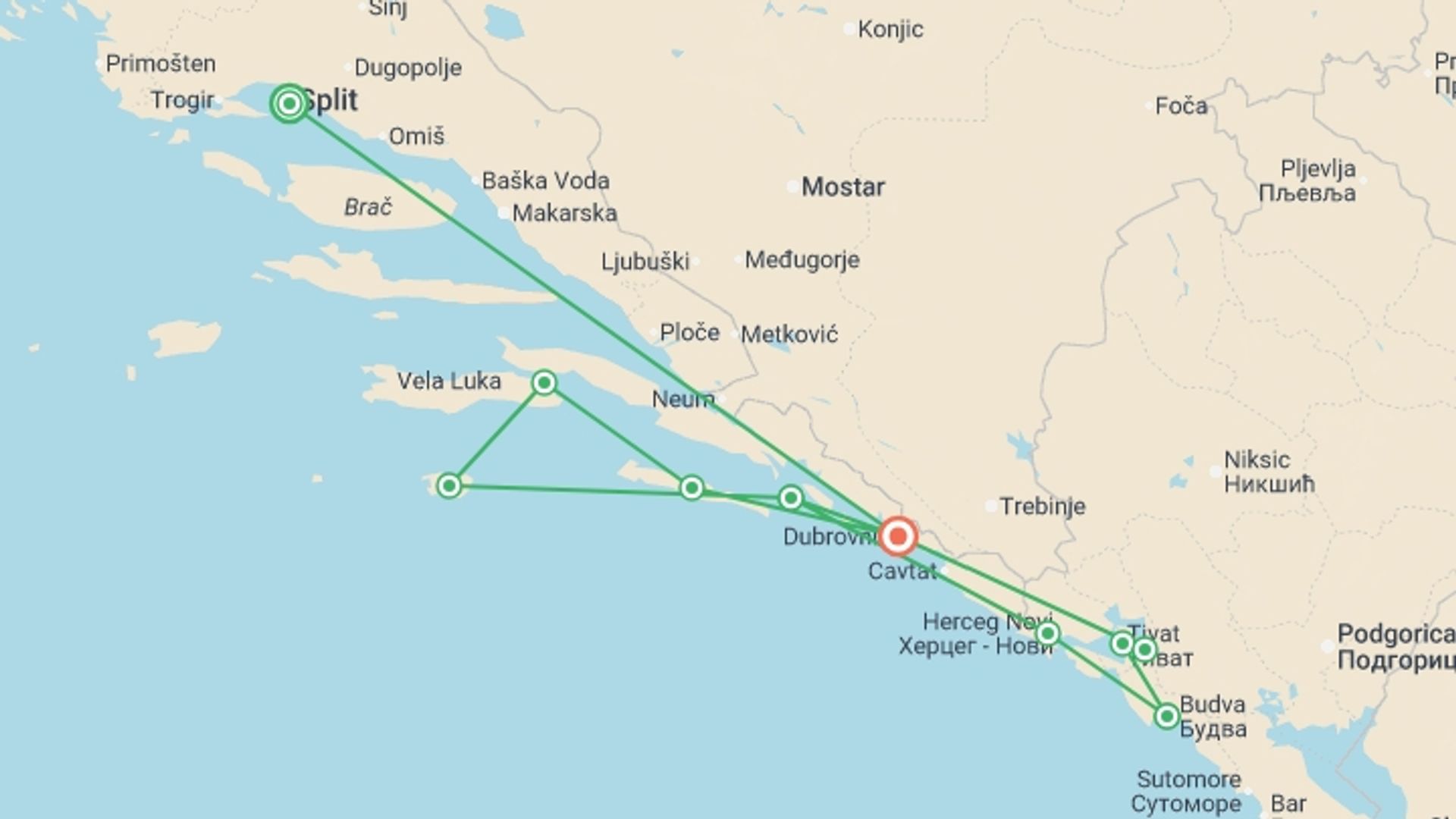 A map showing the tour itinerary for the trip: Croatia and Montenegro Sailing Adventure, starting in Split, Croatia and ending in Dubrovnik, Croatia going through 8 other destinations.