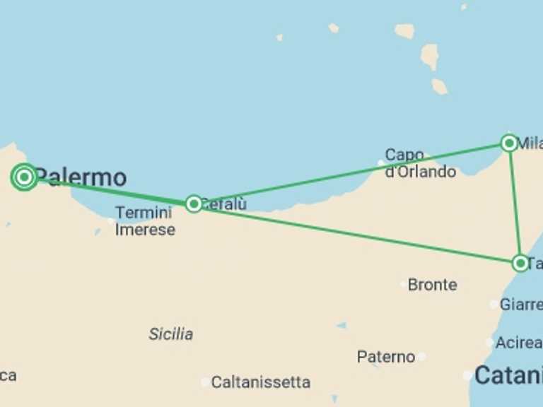 Map of Taormina City sightseeing Tour with 3 destination visits for the trip: Sicilian Paradise