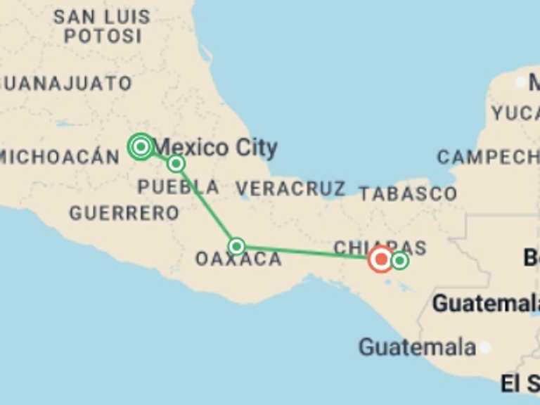 Map of Mexico City Explorer Tour with 5 destination visits for the trip: Mexico and Routes of Tradition