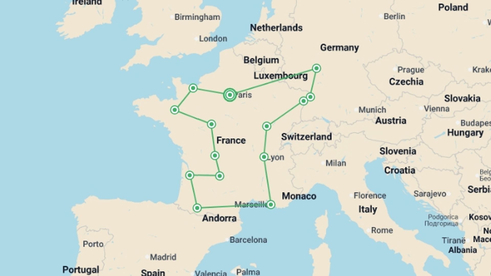 A map showing the tour itinerary for the trip: French passion and the Black Forest, starting in Paris, France and ending in Paris, France going through 13 other destinations.
