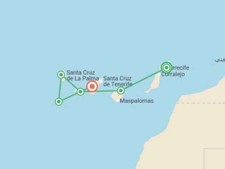 Map itinerary of Mediterranean Tour in Winter with 4 destination visits for the trip: Cruise through the Canary Island Archipelago, eternal Springtime
