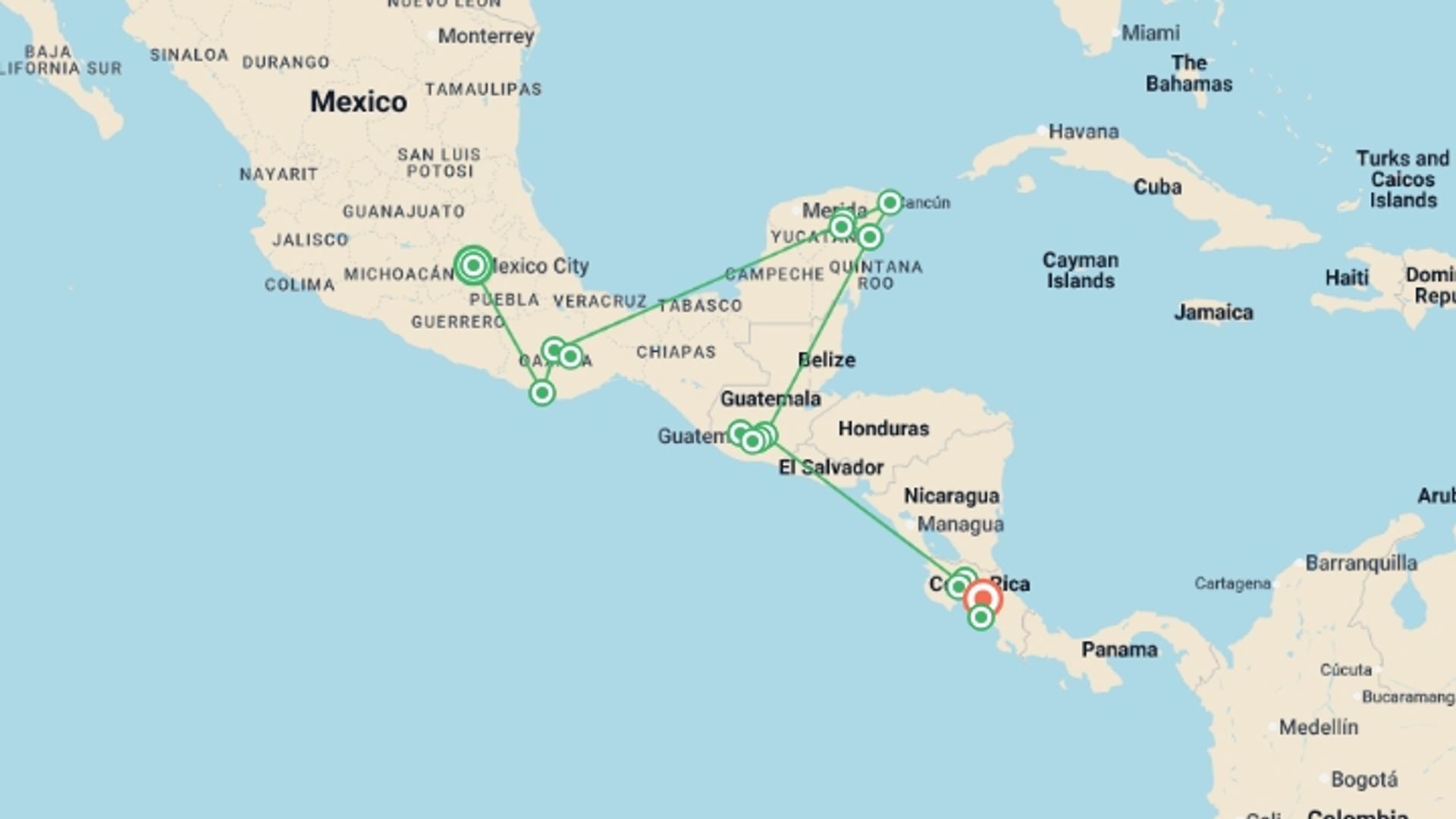 A map showing the tour itinerary for the trip: Essential Mexico, Guatemala & Costa Rica - 20 days , starting in Mexico City, Mexico and ending in San Jose, Costa Rica going through 7 other destinations.