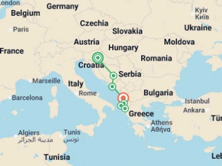 Map itinerary of Europe Tour in January 2027 with 7 destination visits for the trip: Balkans and the Heart of Albania