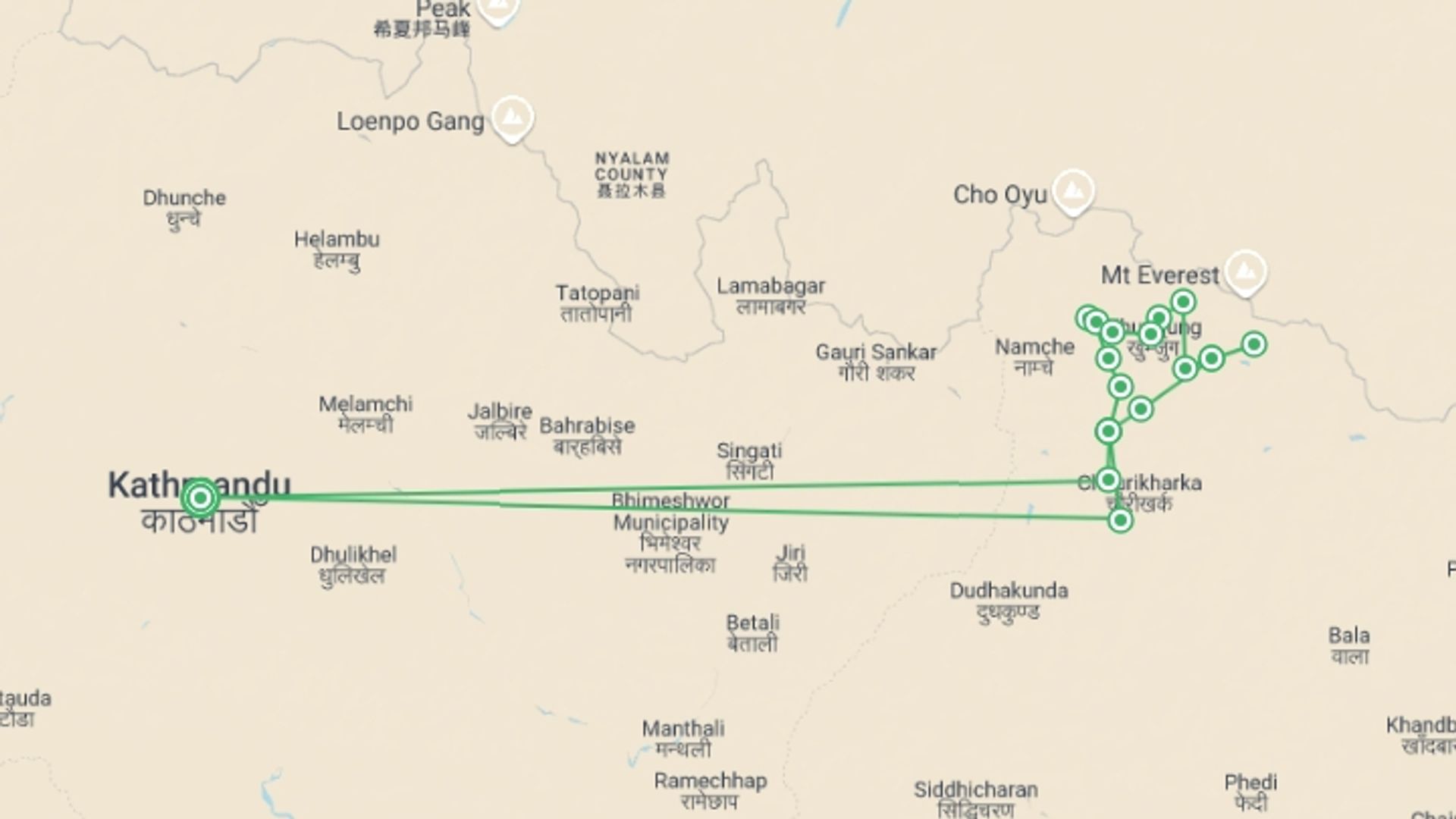 A map showing the tour itinerary for the trip: Island Peak Climbing with Everest Base Camp and Gokyo, starting in Kathmandu, Nepal and ending in Kathmandu, Nepal going through 16 other destinations.
