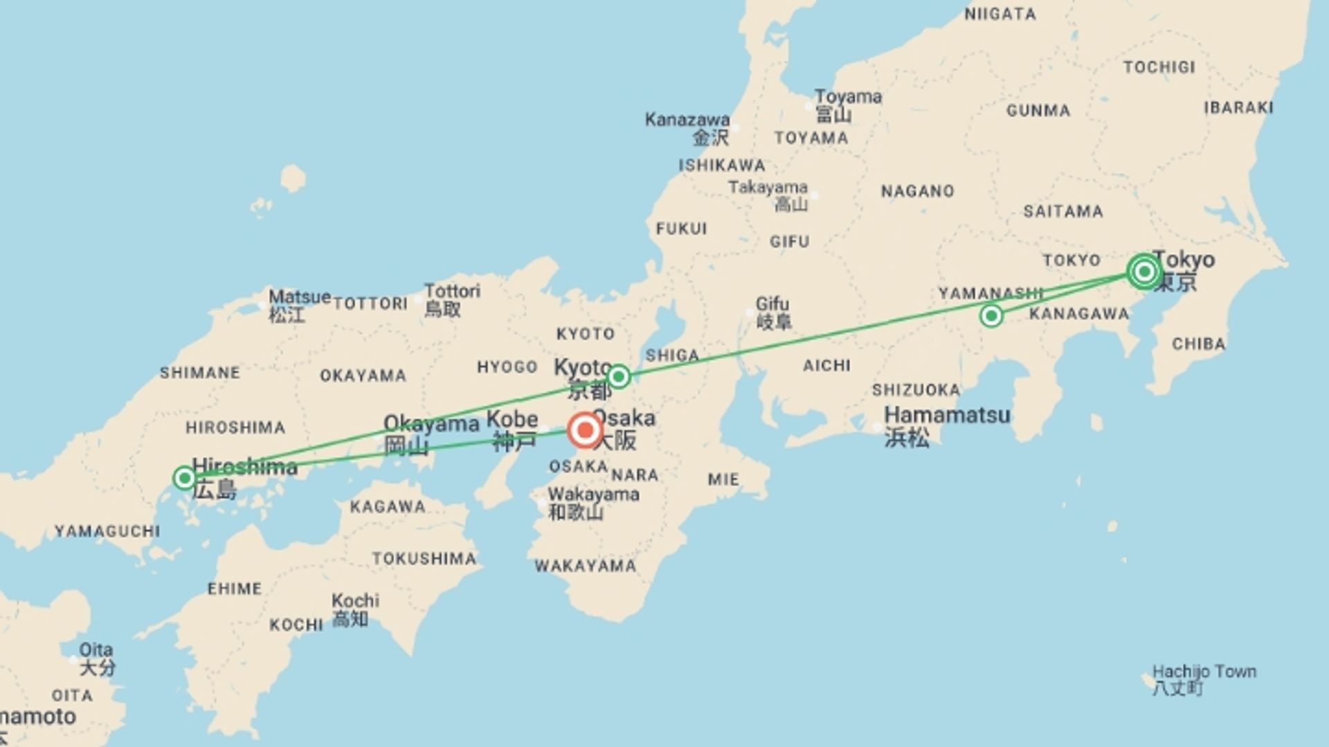 A map showing the tour itinerary for the trip: Classic Japan, starting in Tokyo, Japan and ending in Osaka, Japan going through 2 other destinations.