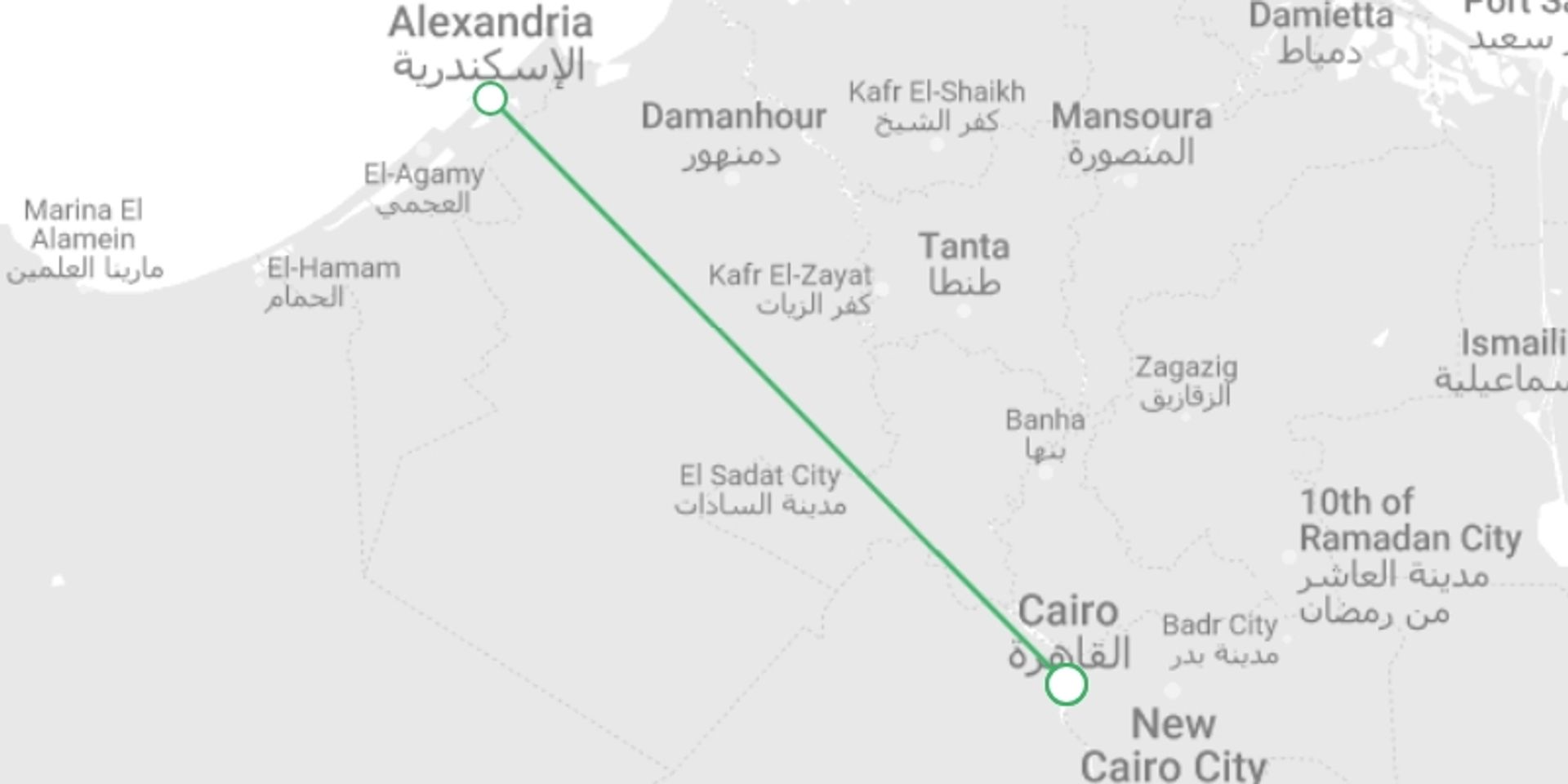 A map showing the tour itinerary for the trip: Cairo & Alexandria 5 star - 5 days, starting in Cairo, Egypt and ending in Cairo, Egypt going through 2 other destinations.